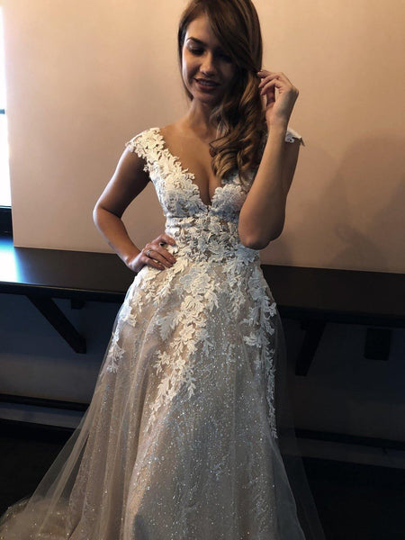 Elegant Glitter fabric V Neck Wedding Dress With Appliques TN230 US12 / Champagne Elegant Glitter fabric V Neck Wedding Dress With Appliques TN230 US12 / Champagne