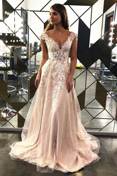 Elegant Glitter fabric V Neck Wedding Dress With Appliques TN230 – Tirdress