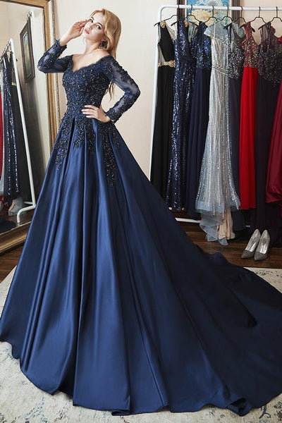 Ball Gown Long Sleeves Off Shoulder Beaded Navy Blue Prom Dress US18 / As Picture