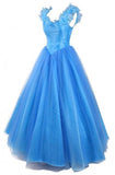 Ball Gown Scoop Tulle Blue Long Prom Evening Dress With Cap Sleeves TP0027 - Tirdress