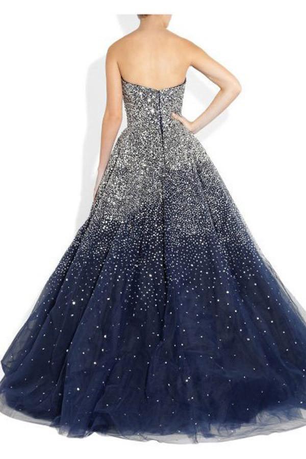 Ball Gown Strapless Beading Tulle Long Navy Blue Prom Dresses PG366 - Tirdress