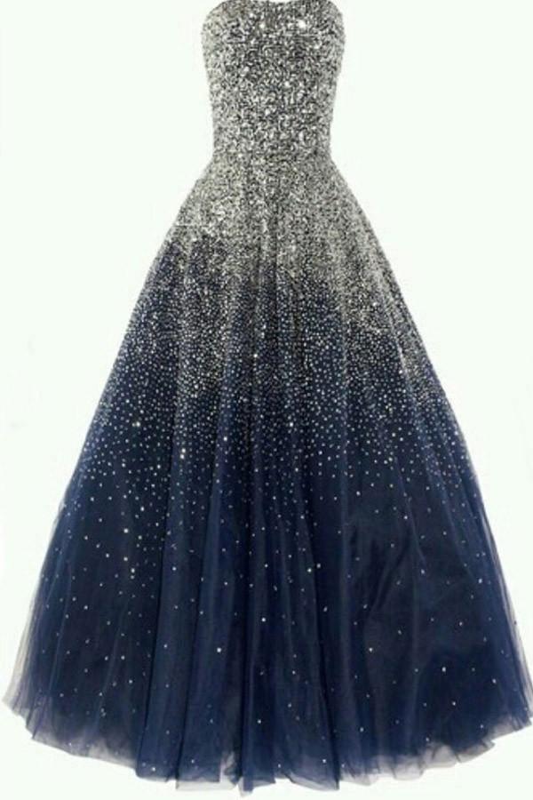 Ball Gown Strapless Beading Tulle Long Navy Blue Prom Dresses PG366 - Tirdress