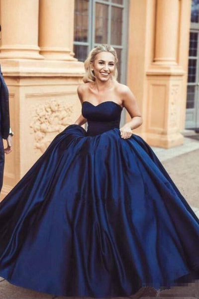 1960s Ball Gown A-Line Off Shoulder Satin Dark Blue Long Prom Dress, Dark  Blue Long