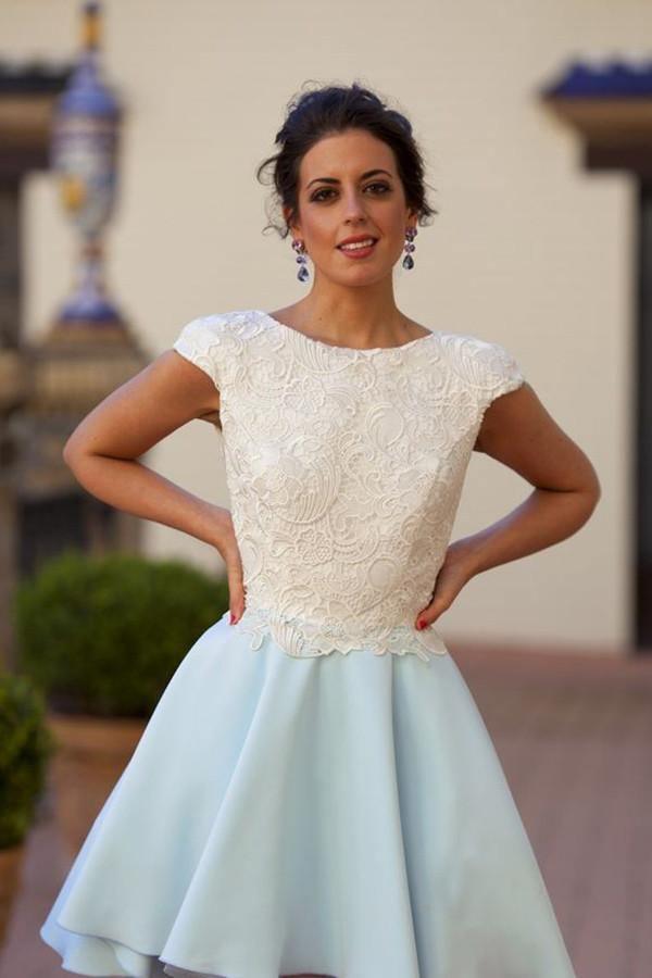 Bateau Knee-Length Light Blue Chiffon Homecoming Dress with Appliques PG116 - Tirdress