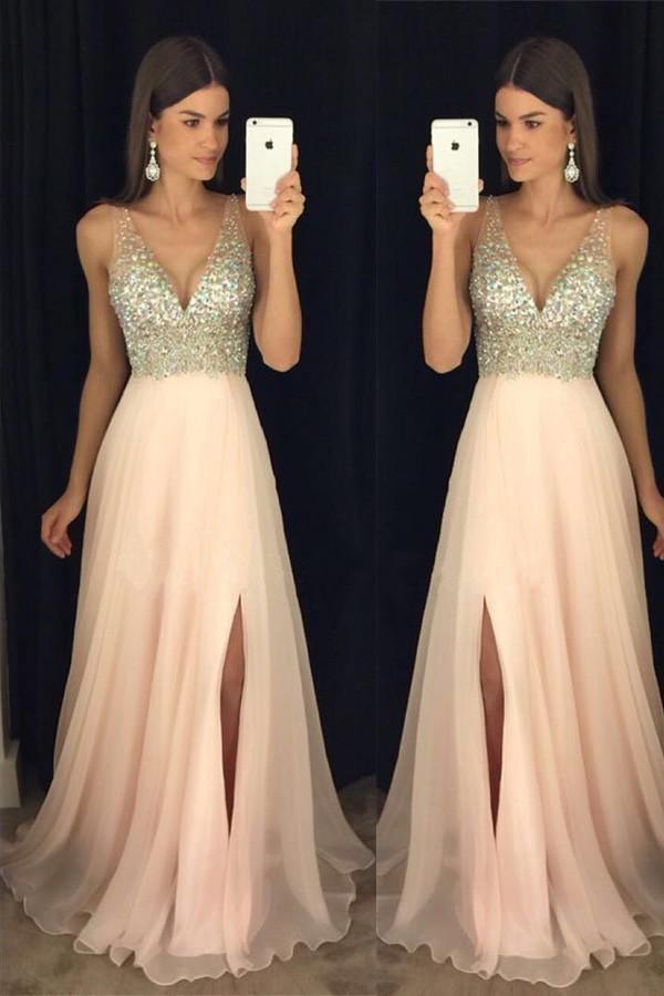 Beaded V Neck Open Back Long Chiffon Prom Dresses With Leg Slit PG375 - Tirdress