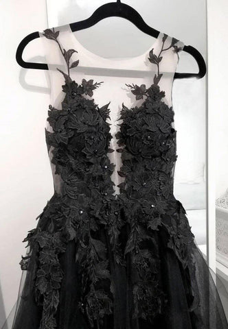 Black Lace Tulle Long Prom Gown Black Evening Dress TP0981 - Tirdress