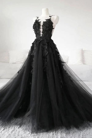 Black Lace Tulle Long Prom Gown Black Evening Dress TP0981 - Tirdress