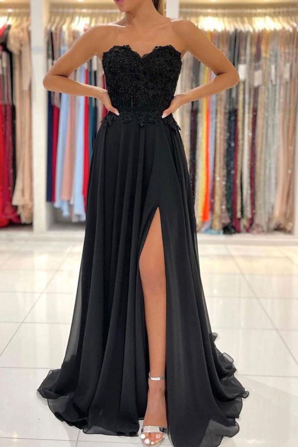 Black Sweetheart A-line Chiffon Lace Long Prom Dress Formal Dress TP1037 - Tirdress