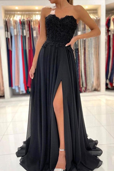 Black Sweetheart A line Chiffon Lace Long Prom Dress Formal Dress Tirdress