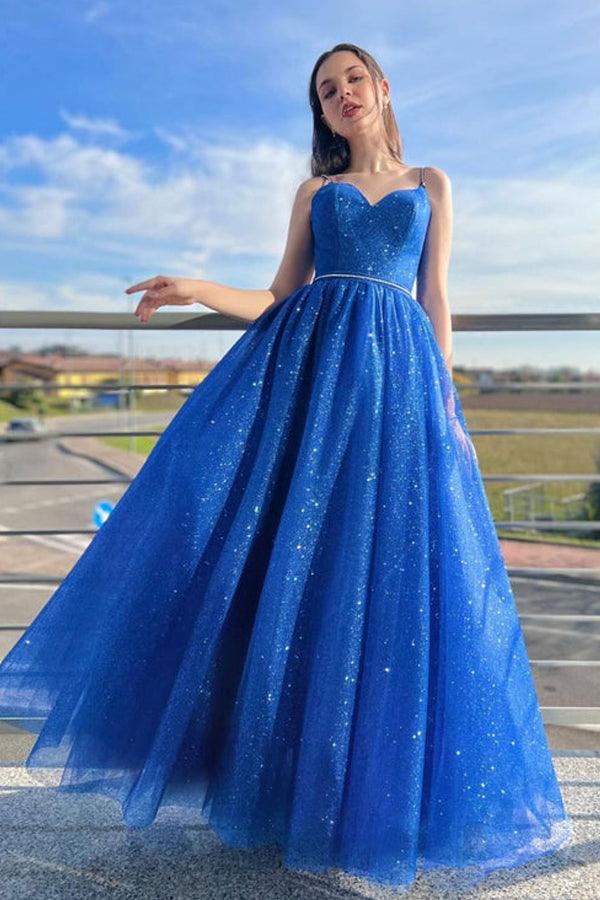 Blue A-Line Tulle Long Prom Dress Sparkly Formal Evening Dresses TP1193 - Tirdress