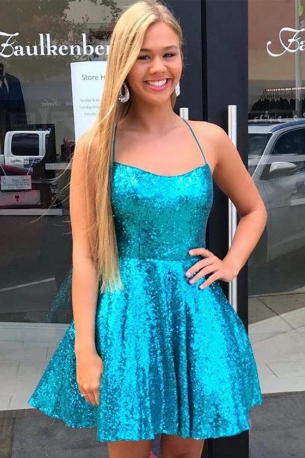 Blue Sequins Spaghetti Straps Backless Short Homecoming Dress HD0154 - Tirdress