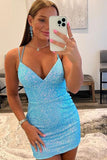 Blue Spaghetti Straps Stripe Sequin Tight Short Homecoming Dress HD0182 - Tirdress
