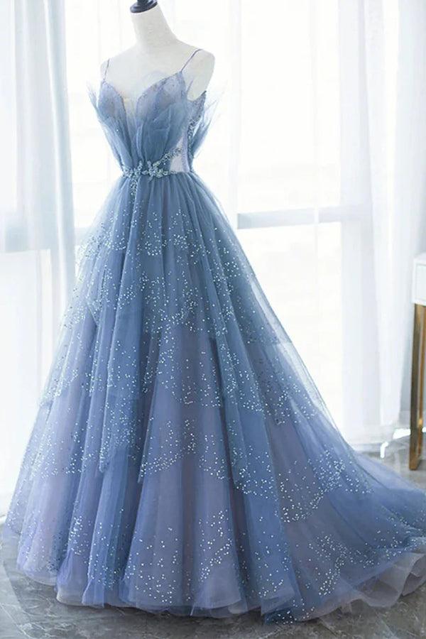 Blue Tulle Long A-Line Prom Dresses Blue Evening Dresses with Beaded TP1209 - Tirdress
