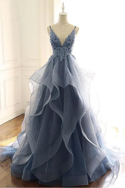 Gray Lace V Neck Long Ruffles Prom Dress Organza Evening Dress TP0905 Tirdress