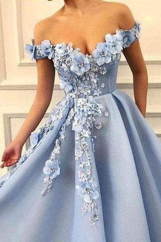 Blue Off Shoulder Flower Appliques A-line Long Modest Beautiful Prom Dresses TP0176 - Tirdress