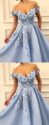 Blue Off Shoulder Flower Appliques A-line Long Modest Beautiful Prom Dresses TP0176 - Tirdress