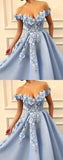 Blue Off Shoulder Flower Appliques A-line Long Modest Beautiful Prom Dresses TP0176 - Tirdress