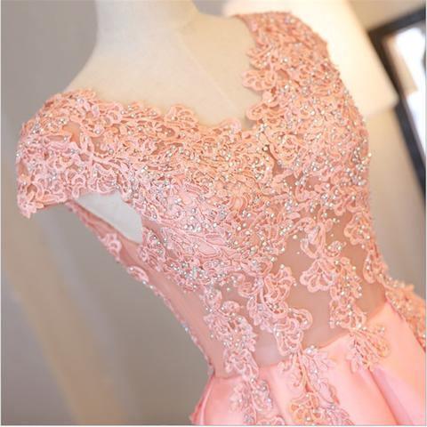 Blush Pink A Line Cap Sleeves Appliques Beaded Long Prom Dresses TP0844 - Tirdress