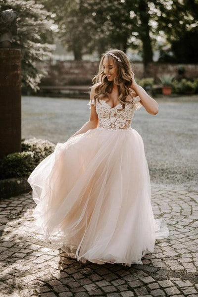 Boho Champagne A line Off The Shoulder Wedding Dress Bridal Gown Tirdress