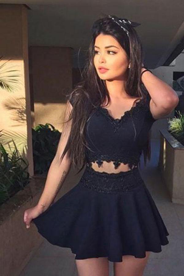 Cap Sleeves V Neck Black Homecoming Dress Party Dress With Lace Applique PG179 - Tirdress