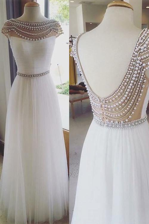 Cap Sleeves White Beading Backless Prom Dresses Evening Dresses PG292 - Tirdress