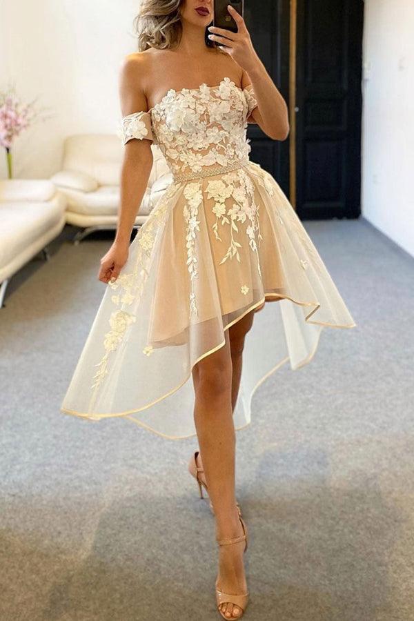 Champagne Tulle Off The Shoulder High Low Homecoming Dresses HD0164 - Tirdress