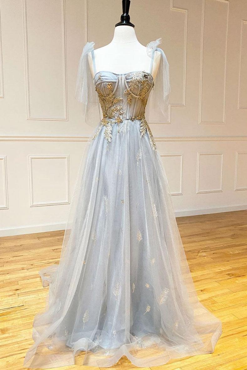 Charming Grey Tulle Appliques Long Prom dress Formal Dress With Lace Up TP1115 - Tirdress