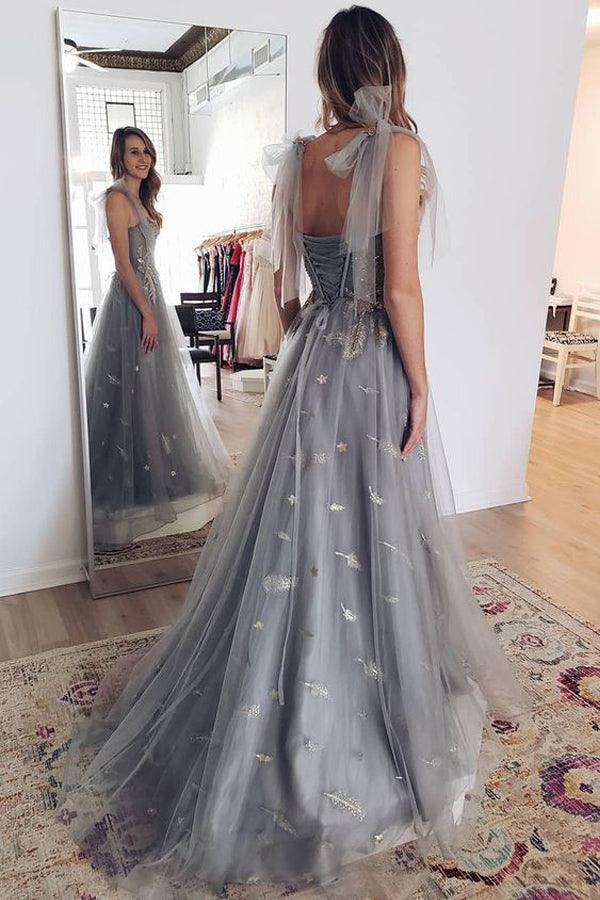 Charming Grey Tulle Appliques Long Prom dress Formal Dress With Lace Up TP1115 - Tirdress