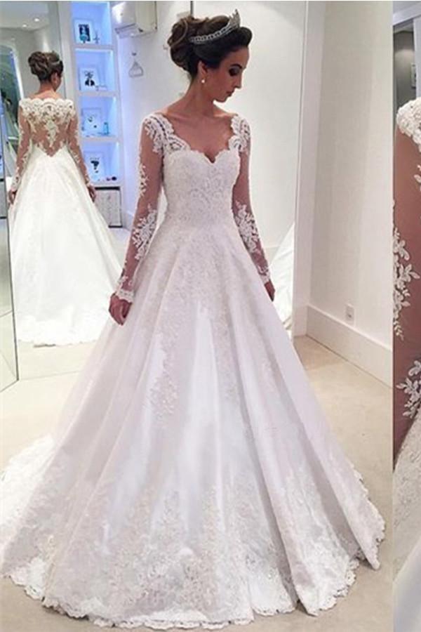 Charming V Neck Appliques A Line Wedding Dress With Long Sleeves WD023 - Tirdress