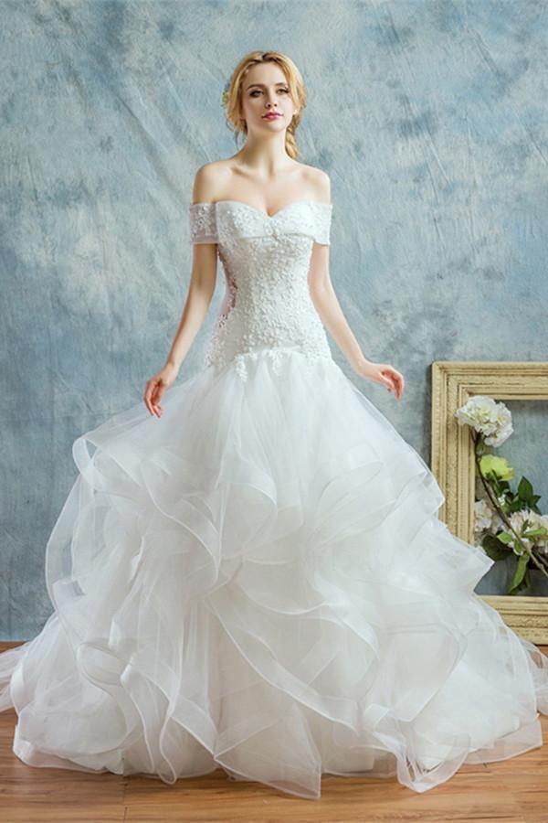 Charming Off-the-Shoulder Lace-Up Mermaid Beading Wedding Dress WD047 - Tirdress