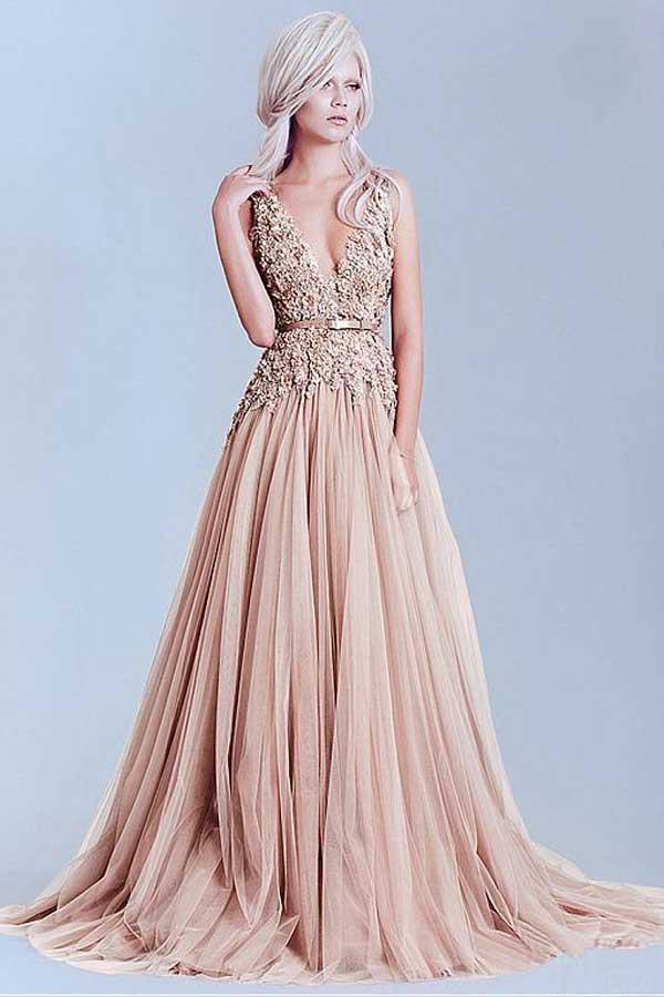 Charming Tulle V-Neck A-Line Evening Dresses With Lace Appliques PG504 - Tirdress