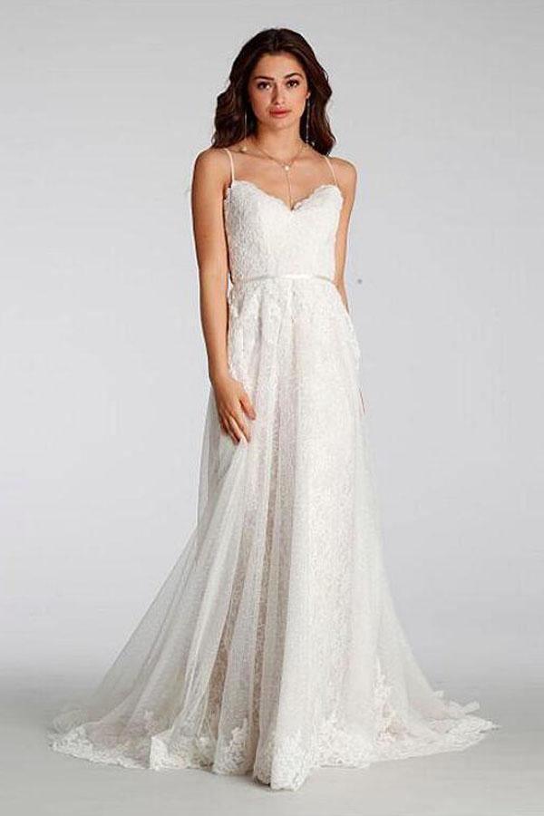Chic Lace Beach Spaghetti Straps Long Wedding Dresses WD129 - Tirdress