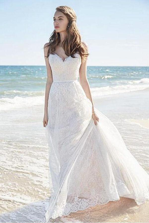 Chic Lace Beach Spaghetti Straps Long Wedding Dresses WD129 - Tirdress