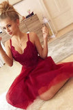 Cute A Line V Neck Spaghetti Straps Dark Red Short Homecoming Dresses with Lace HD0048 - Tirdress