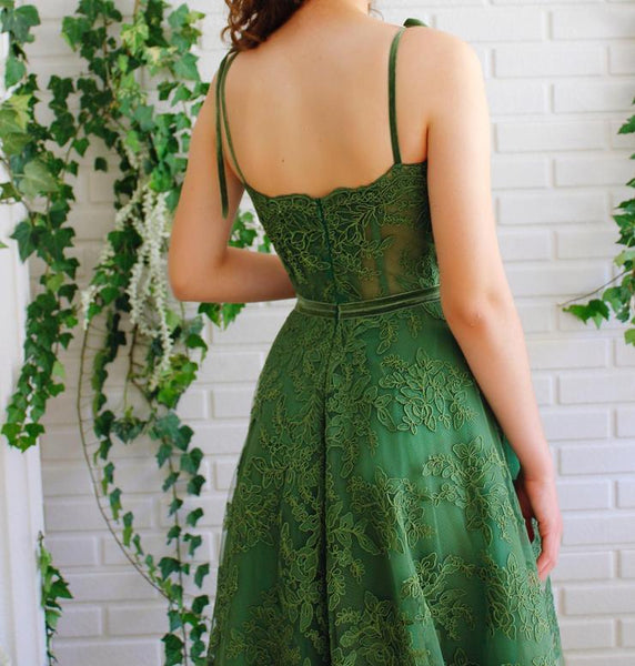 green lace prom dress Dark Spaghetti Straps A Line Formal Dress TX001 US10 / Custom Color sharp Spaghetti Straps Sleeves Beauty and Elegance: Going SIZE:M/L