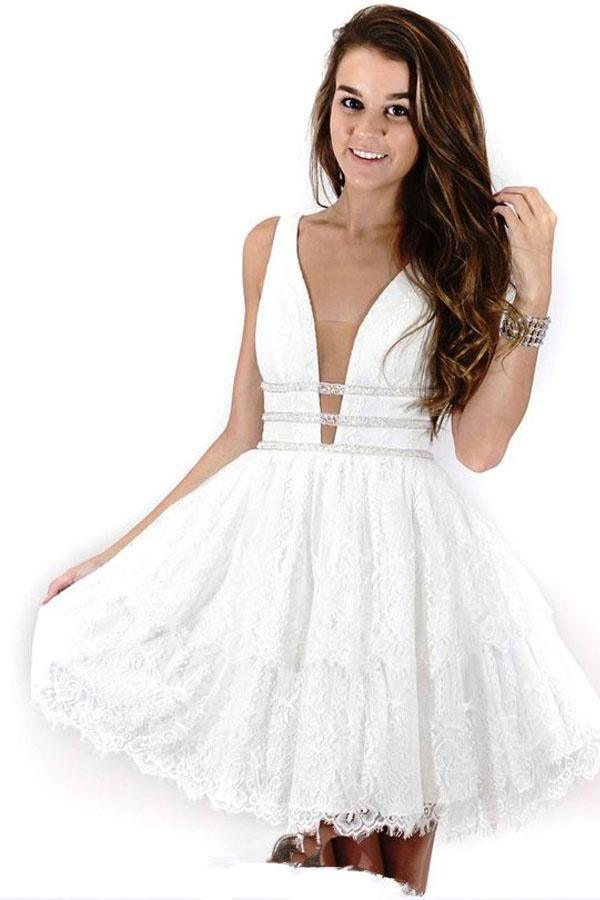 Deep Neck Short Prom Dress White Lace Homecoming Dress PG176 - Tirdress