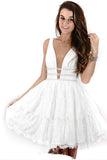 Deep Neck Short Prom Dress White Lace Homecoming Dress PG176 - Tirdress