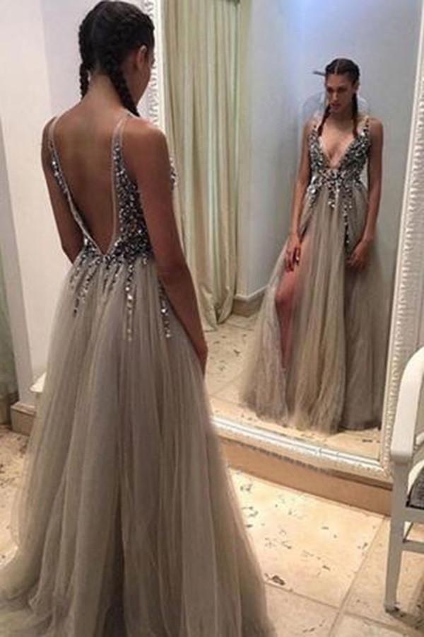 Deep V-neck Backless Split Sweep Train Grey Prom Dress with Beading PG365 - Tirdress