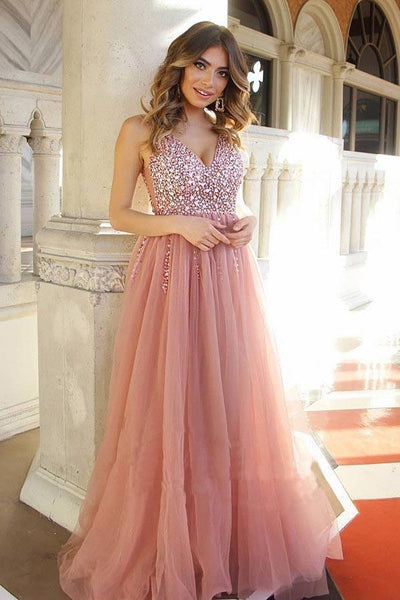 Dusty Rose Tulle Beaded Long Prom Dress with Lace Up Back TP0816 US16 / Custom Color