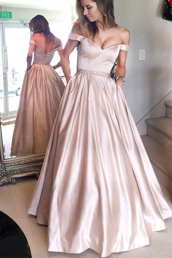 Elegant Satin Off-the-shoulder Neckline A-Line Prom Dresses With Beading PG503 - Tirdress
