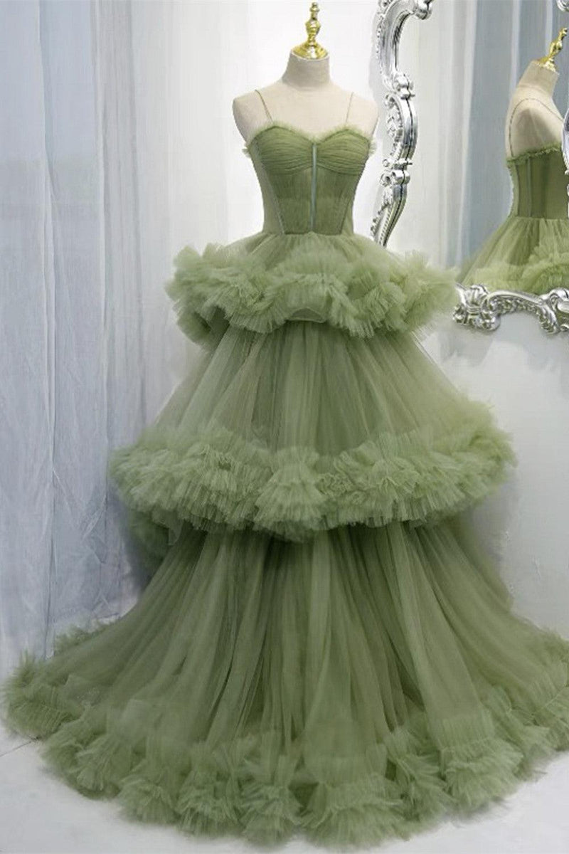 Elegant Straps Pleated Green Tiered Tulle Prom Formal Dress TP1148 - Tirdress