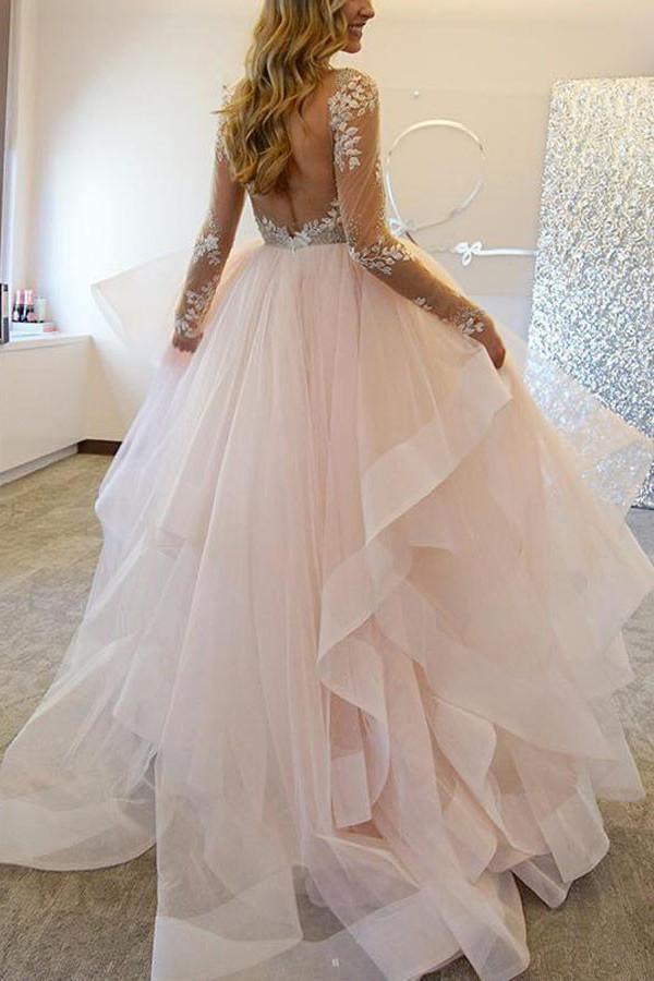 Elegant A-Line Long Sleeves Tulle Wedding Dresses With Appliques WD036 - Tirdress