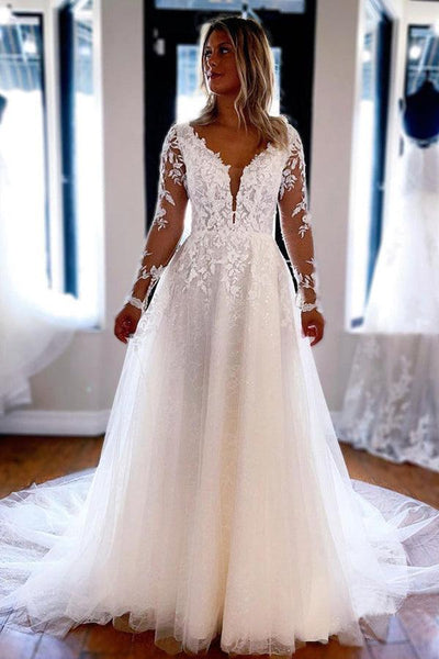 Elegant A line V Neck Lace Appliques Wedding Dresses With Long Sleeves Tirdress