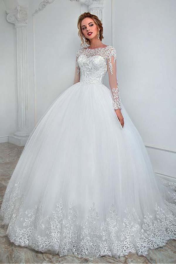 Elegant Bateau Neckline Ball Gown Wedding Dress With Lace Appliques WD201 - Tirdress