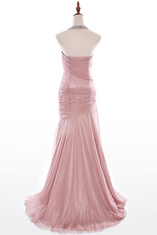 Elegant Mermaid Hater Ruched Beading Chiffon Pink Evening\Prom Dress TP0117 - Tirdress