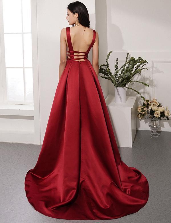 Elegant Red Long Prom Dress Deep V Neck Backless Evening Dresses TP0957 - Tirdress