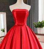 Elegant Strapless Sweep Train Ball Gown Red Pleats Prom Dress With Bow TP0031 - Tirdress