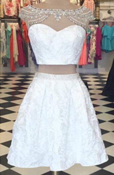 Elegant Two pieces Cap Sleeves White Homecoming Dress With Rhinestones TR0054 - Tirdress