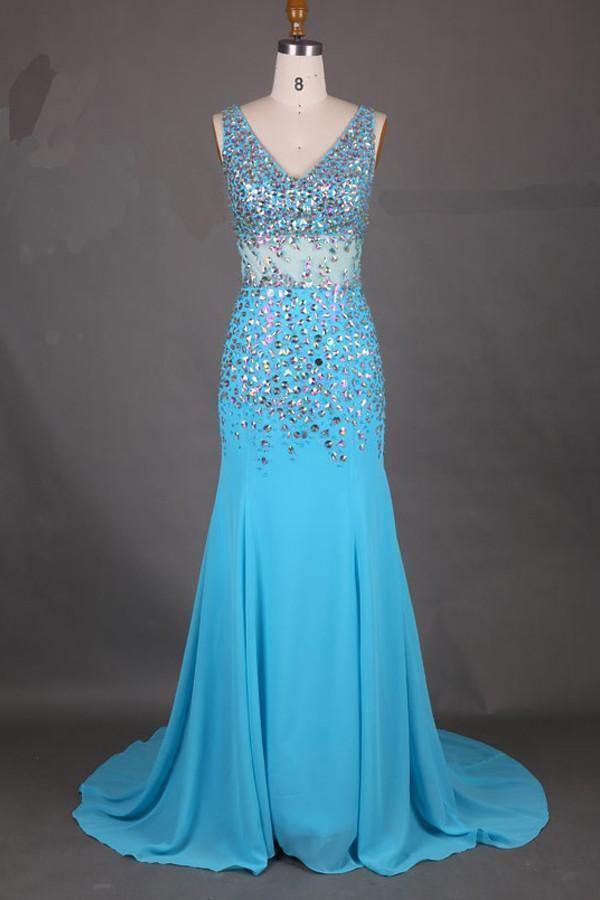 Elegant V-Neck Mermaid Court Train Chiffon Prom Dresses With Beading PG312 - Tirdress