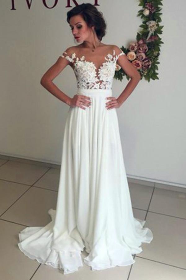 Elegant V-neck Cap Sleeves Sweep Train White Wedding Dress With Appliques TN0113 - Tirdress